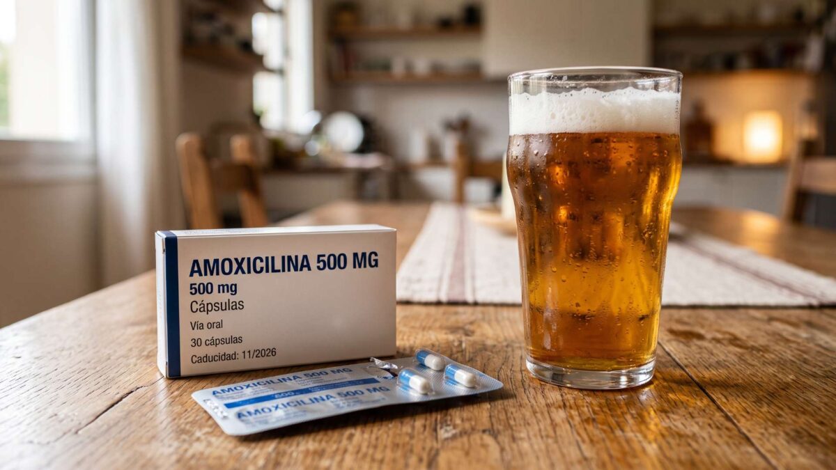 Caja de amoxicilina 500 mg en cápsulas junto a un vaso de cerveza sobre una mesa rústica de madera.