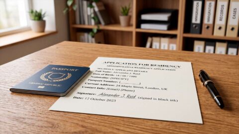 Expediente de solicitud de arraigo social y pasaporte sobre una mesa de trámites administrativos en España.