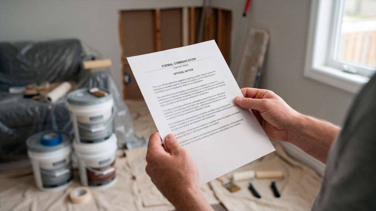 Persona sosteniendo un documento formal frente a una habitación de casa en obras de reforma.
