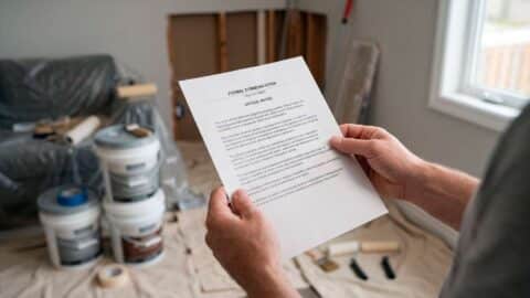 Persona sosteniendo un documento formal frente a una habitación de casa en obras de reforma.