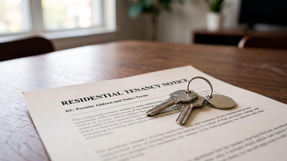 Documento de aviso de desalojo residencial y unas llaves de vivienda sobre una mesa de madera.