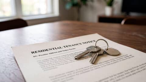 Documento de aviso de desalojo residencial y unas llaves de vivienda sobre una mesa de madera.