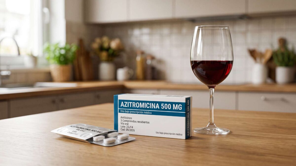 Caja de azitromicina 500 mg con blíster de pastillas junto a copa de vino tinto sobre encimera de madera.