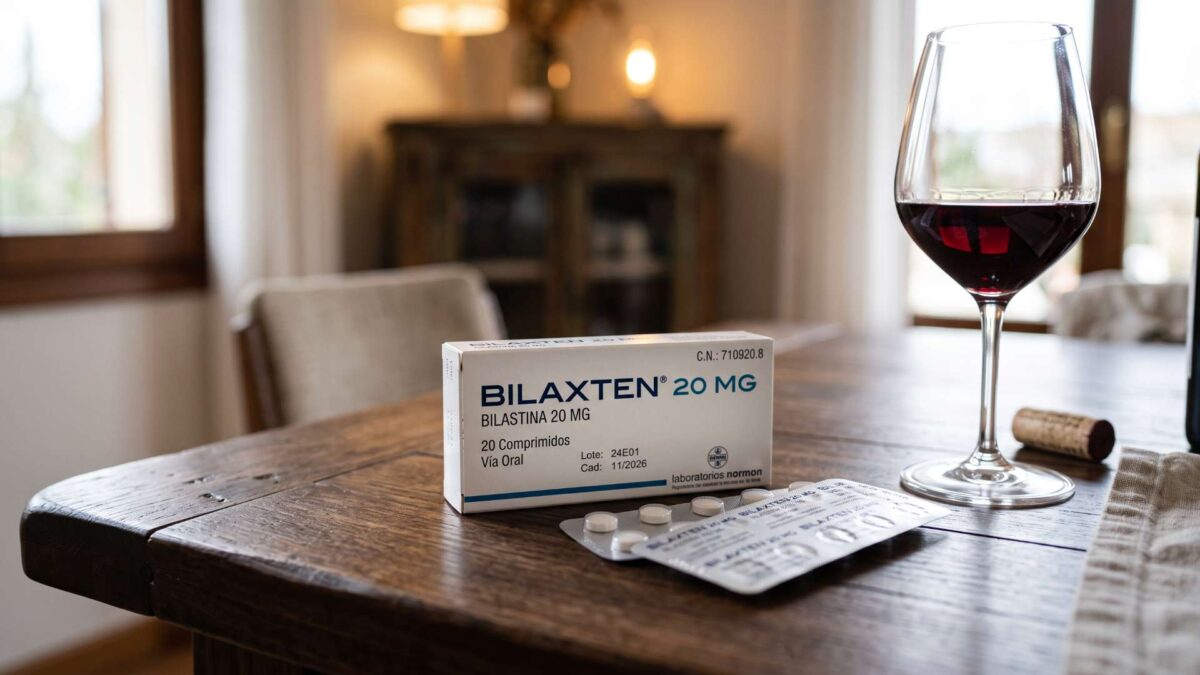 Caja de Bilaxten 20 mg de bilastina con su blíster junto a una copa de vino tinto sobre una mesa.