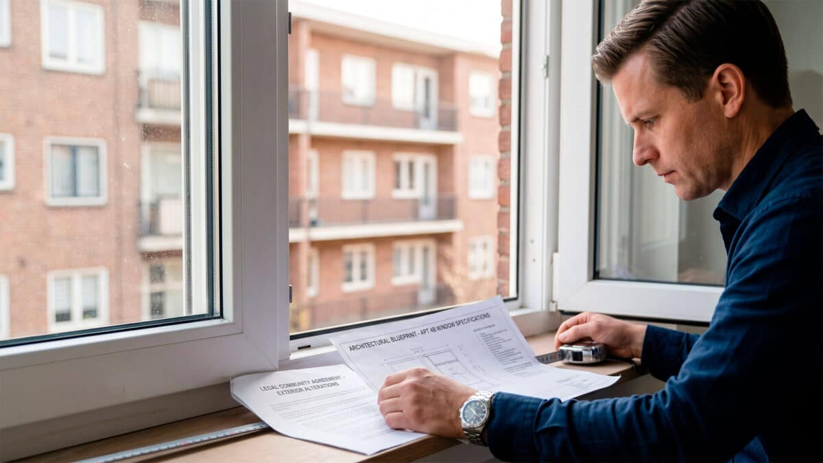 Hombre midiendo la ventana de un piso y revisando acuerdos legales con vistas a la fachada de la comunidad.