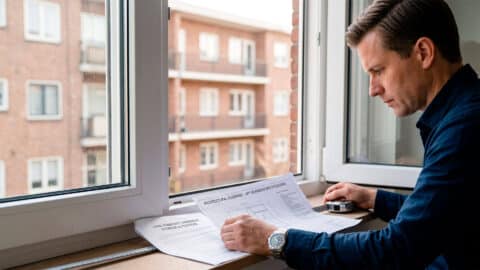 Hombre midiendo la ventana de un piso y revisando acuerdos legales con vistas a la fachada de la comunidad.