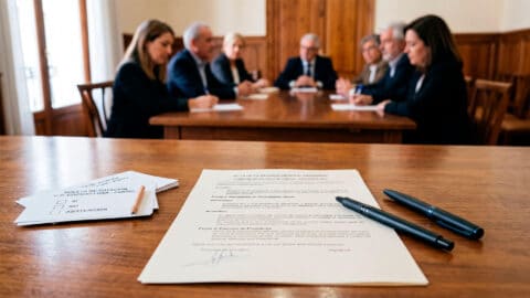 Acta de reunión y papeletas de votación de comunidad de propietarios sobre mesa de juntas.