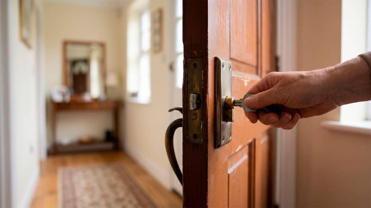 Mano girando una llave en la cerradura de una puerta de madera que se abre hacia el interior de una vivienda alquilada.