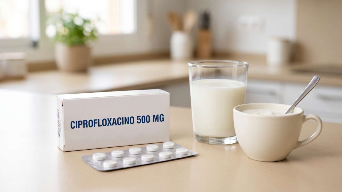 ¿Se puede tomar ciprofloxacino y lácteos? 3 Caja de ciprofloxacino 500 mg con blister junto a un vaso de leche y un cuenco de yogur.