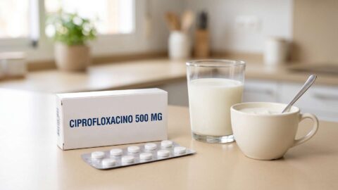 Caja de ciprofloxacino 500 mg con blister junto a un vaso de leche y un cuenco de yogur.