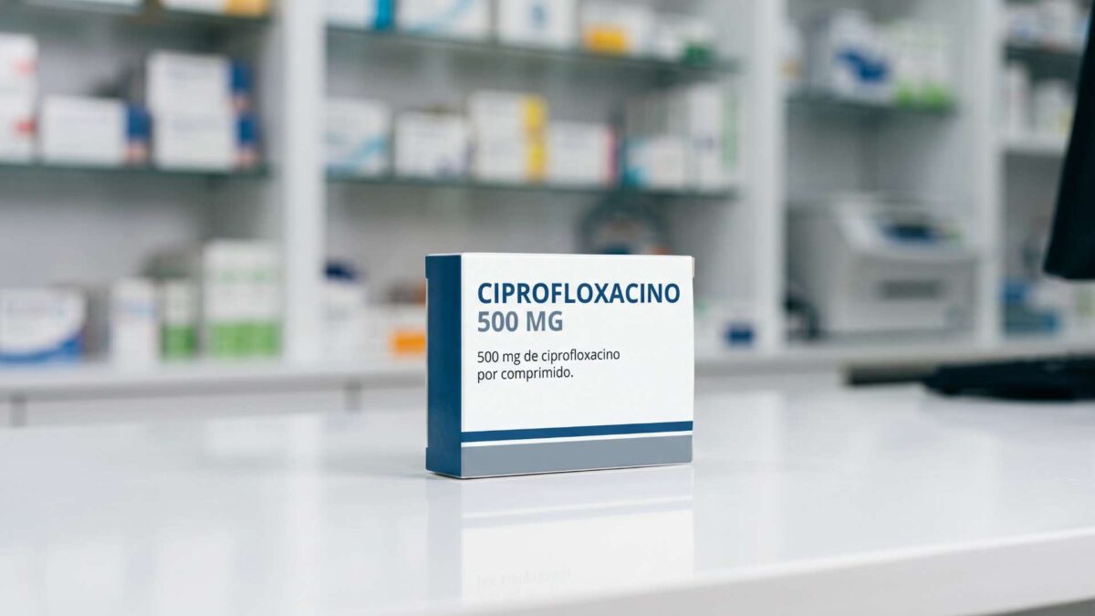 Caja de ciprofloxacino 500 mg sobre el mostrador de una farmacia con estanterías al fondo