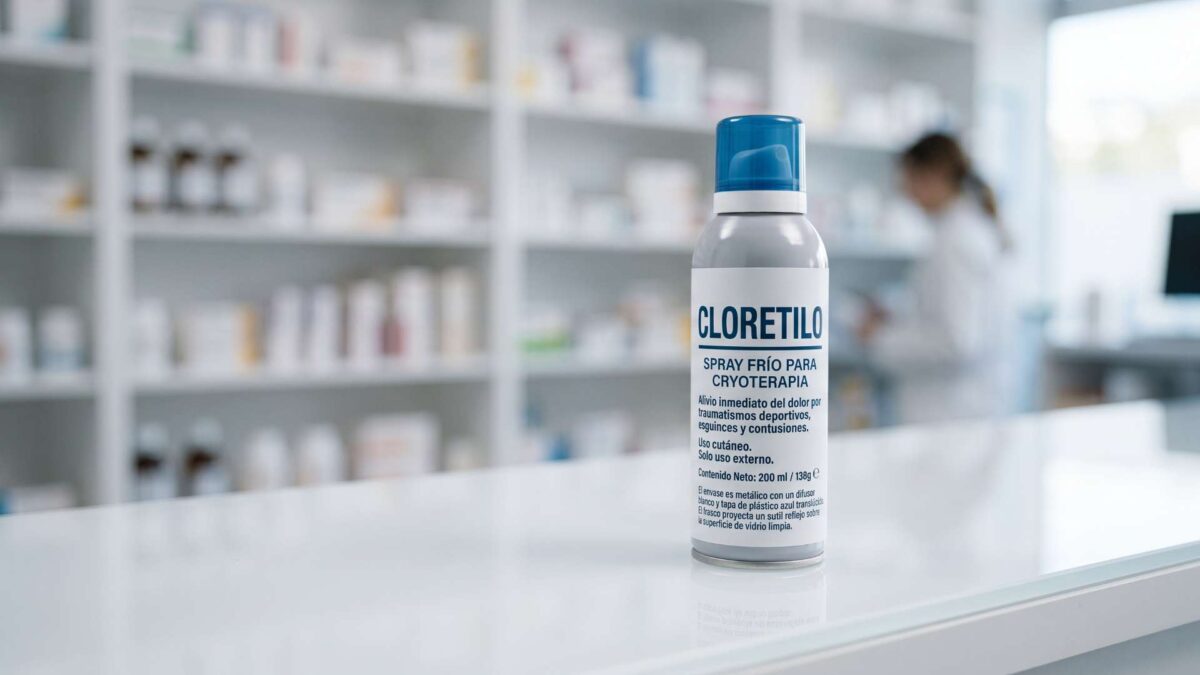 ¿Se puede comprar cloretilo sin receta? 3 Spray de cloretilo para crioterapia sobre el mostrador de una farmacia con estanterias al fondo.