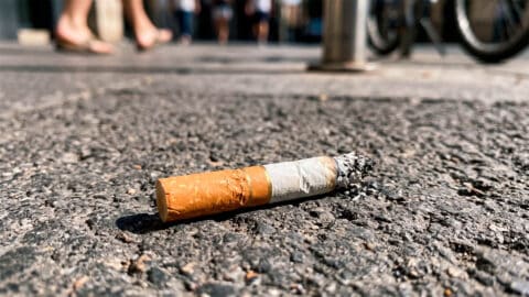 Colilla de cigarro consumida y apagada tirada sobre el suelo de asfalto en una calle urbana.