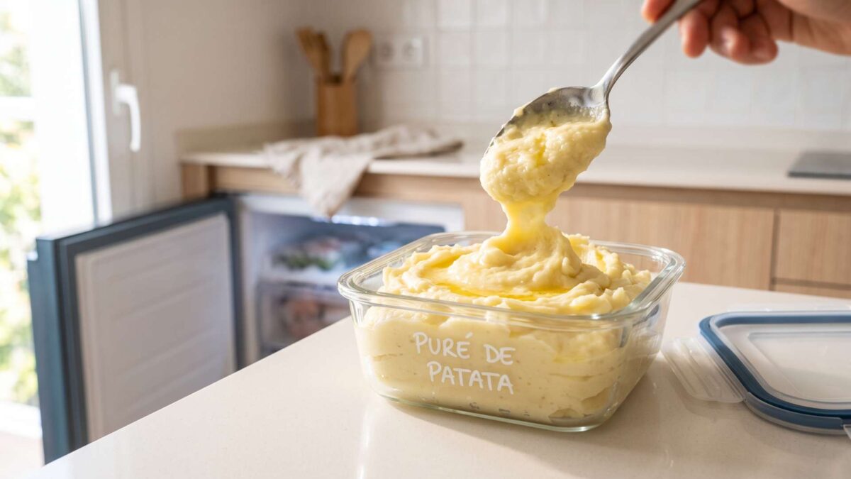 ¿Se puede congelar el puré de patata? 3 Cuchara levantando puré de patata cremoso en recipiente de vidrio junto a un congelador abierto