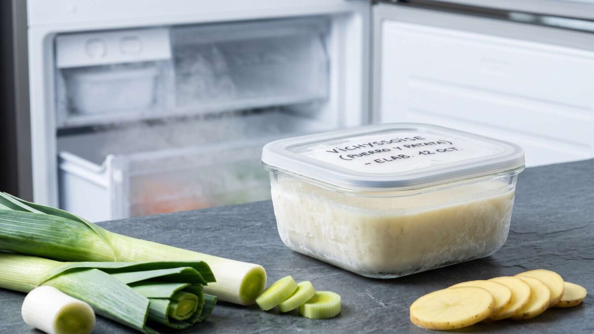 ¿Se puede congelar la vichyssoise? 3 Tupper de cristal con vichyssoise congelada etiquetada, puerros y rodajas de patata junto al congelador.