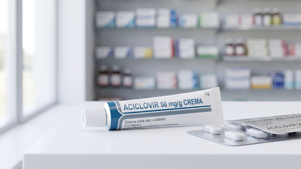 ¿Se puede comprar aciclovir sin receta médica? 3 Tubo de aciclovir en crema de 50 mg junto a un blíster de comprimidos sobre el mostrador de una farmacia.
