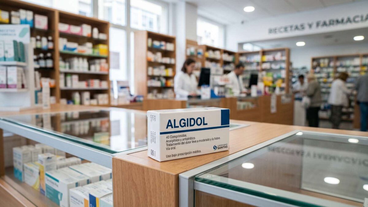 ¿Se puede comprar Algidol sin receta médica? 3 Caja de comprimidos Algidol sobre el mostrador de cristal en una farmacia comunitaria