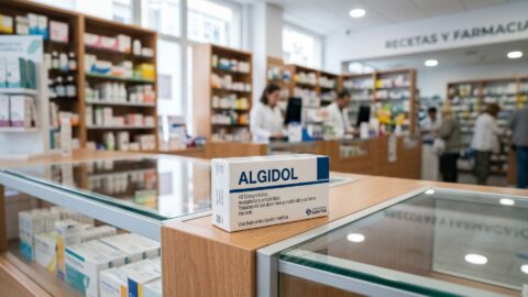 Caja de comprimidos Algidol sobre el mostrador de cristal en una farmacia comunitaria