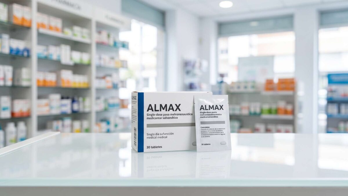 ¿Se puede comprar Almax sin receta? 3 Caja y sobre de Almax sobre mostrador blanco de farmacia con estantes al fondo