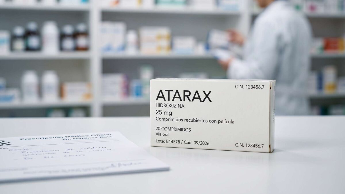 ¿Se puede comprar Atarax sin receta? 3 Caja de Atarax de 25 mg junto a una receta médica oficial sobre el mostrador de una farmacia.