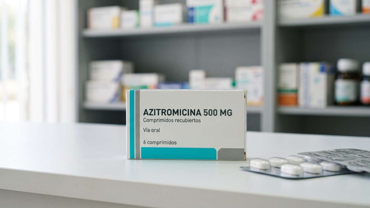 ¿Se puede comprar azitromicina sin receta? 3 Caja de azitromicina 500 mg y blíster de comprimidos sobre el mostrador blanco de una farmacia.