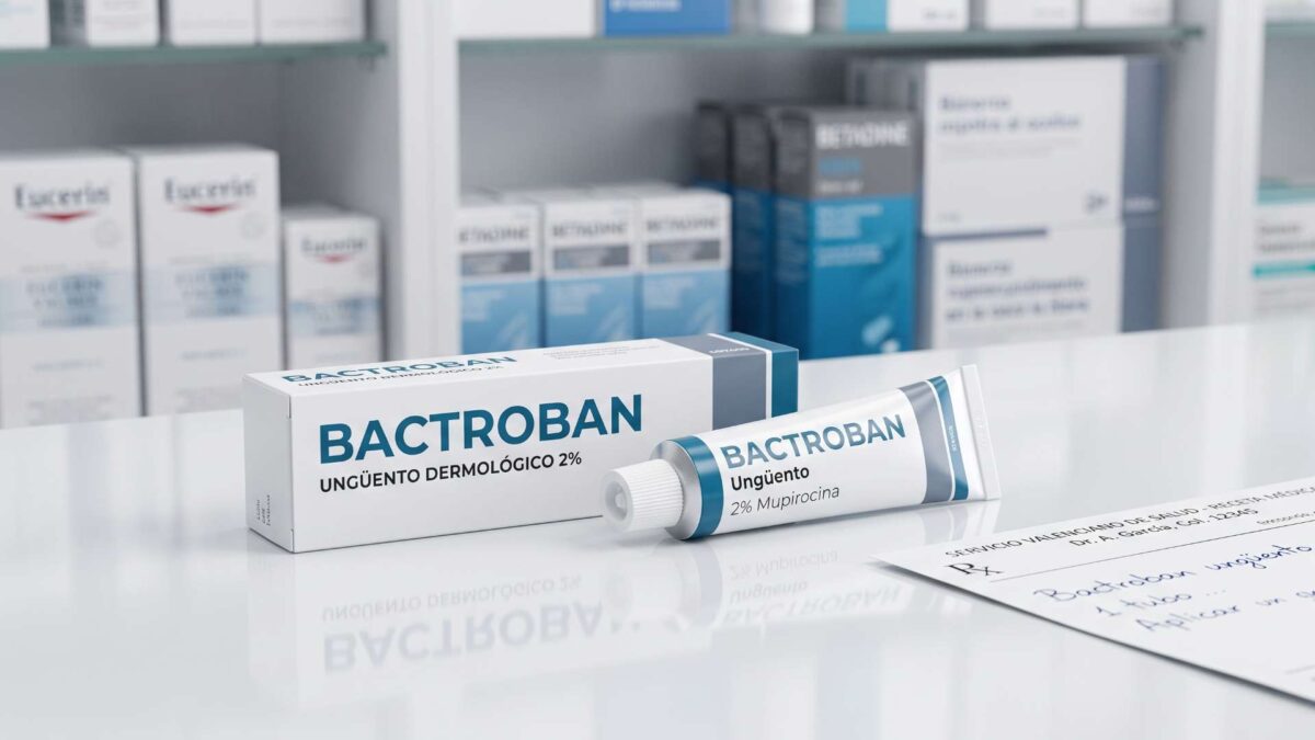 Caja y tubo de pomada Bactroban 2% junto a una receta médica sobre el mostrador de una farmacia