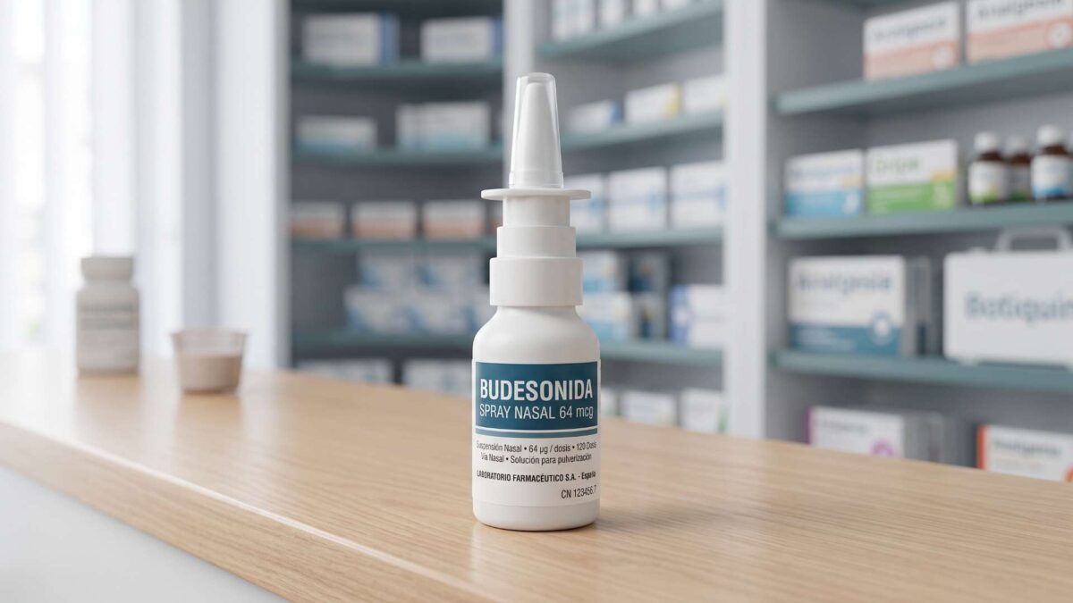 ¿Se puede comprar budesonida nasal sin receta? 3 Frasco de budesonida nasal 64 mcg sobre el mostrador de una farmacia con estanterias de medicamentos al fondo.