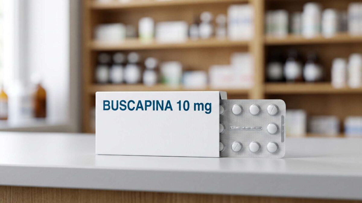 Caja de Buscapina 10 mg con blister de comprimidos sobre el mostrador de una farmacia