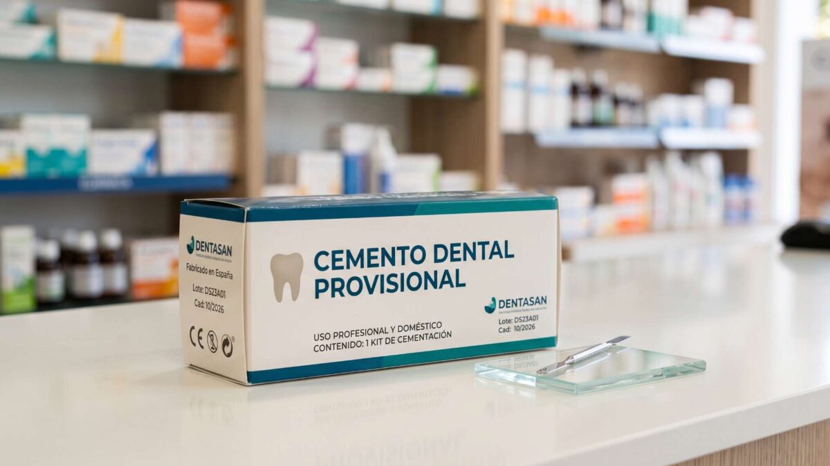 Caja de cemento dental provisional Dentasan junto a espátula metálica sobre mostrador de farmacia.