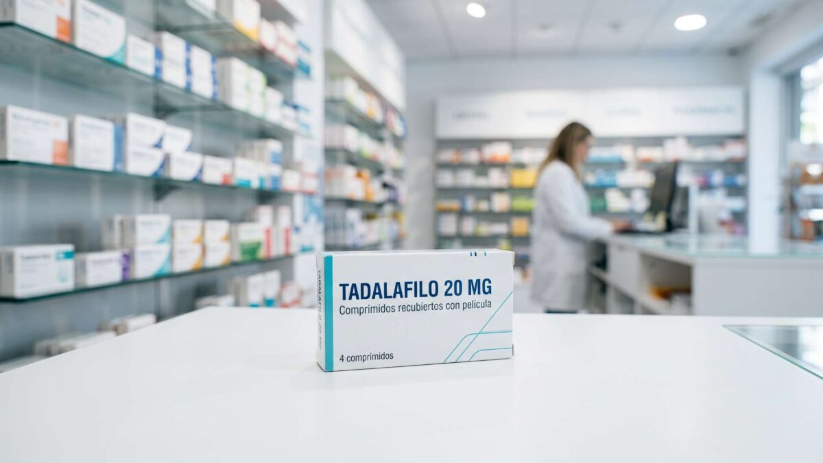 ¿Se puede comprar Cialis genérico en farmacias físicas? 3 Caja de tadalafilo genérico de 20 mg sobre el mostrador de una farmacia con estanterías y farmacéutica al fondo