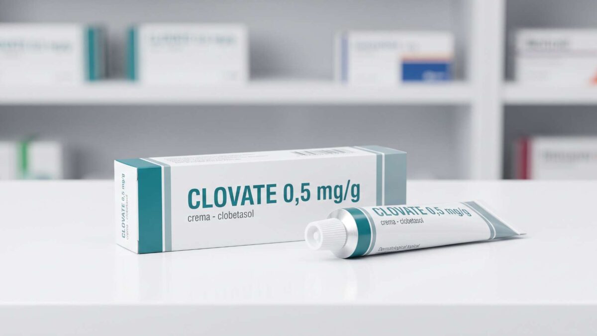 ¿Se puede comprar Clovate crema sin receta? 3 Caja y tubo de Clovate 0,5 mg sobre el mostrador blanco de una farmacia