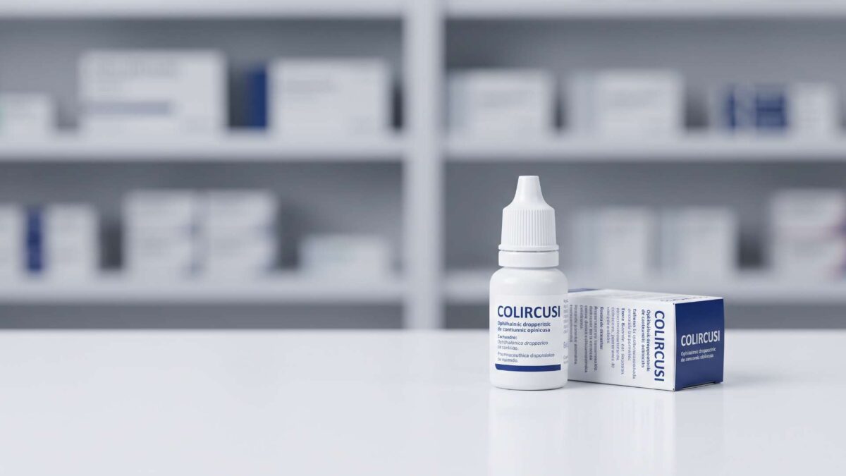 ¿Se puede comprar colircusi sin receta? 3 Envase y frasco de gotas oftálmicas Colircusí en el mostrador de una farmacia con estantes al fondo.