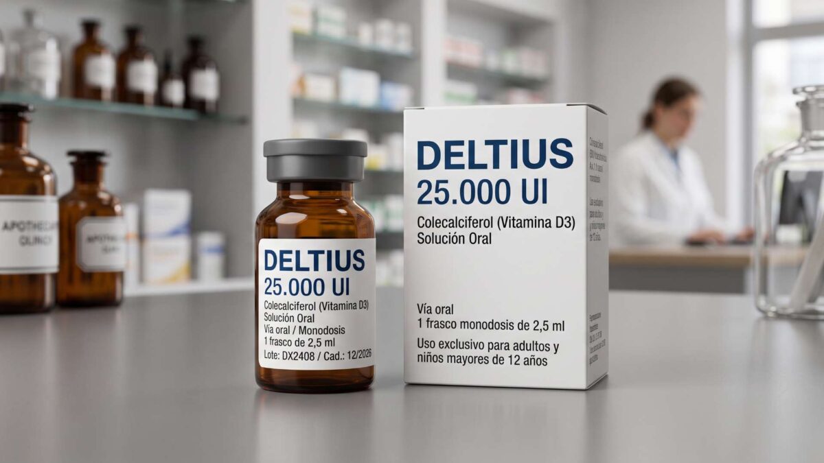 ¿Se puede comprar Deltius sin receta? 3 Frasco y caja de Deltius 25000 UI de colecalciferol sobre el mostrador de una farmacia.