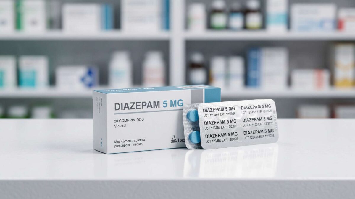 ¿Se puede comprar diazepam sin receta médica en España? 3 Caja de diazepam 5 mg y blíster con comprimidos sobre el mostrador de una farmacia