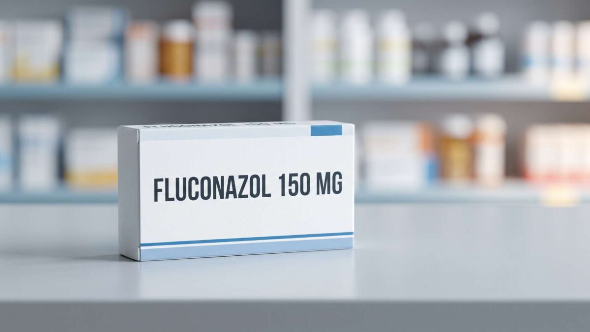 ¿Se puede comprar fluconazol sin receta médica? 3 Caja de fluconazol 150 mg sobre el mostrador de una farmacia con estanterias al fondo.