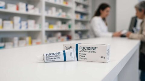 Caja y tubo de pomada Fucidine ácido fusídico en el mostrador de una farmacia con personal atendiendo