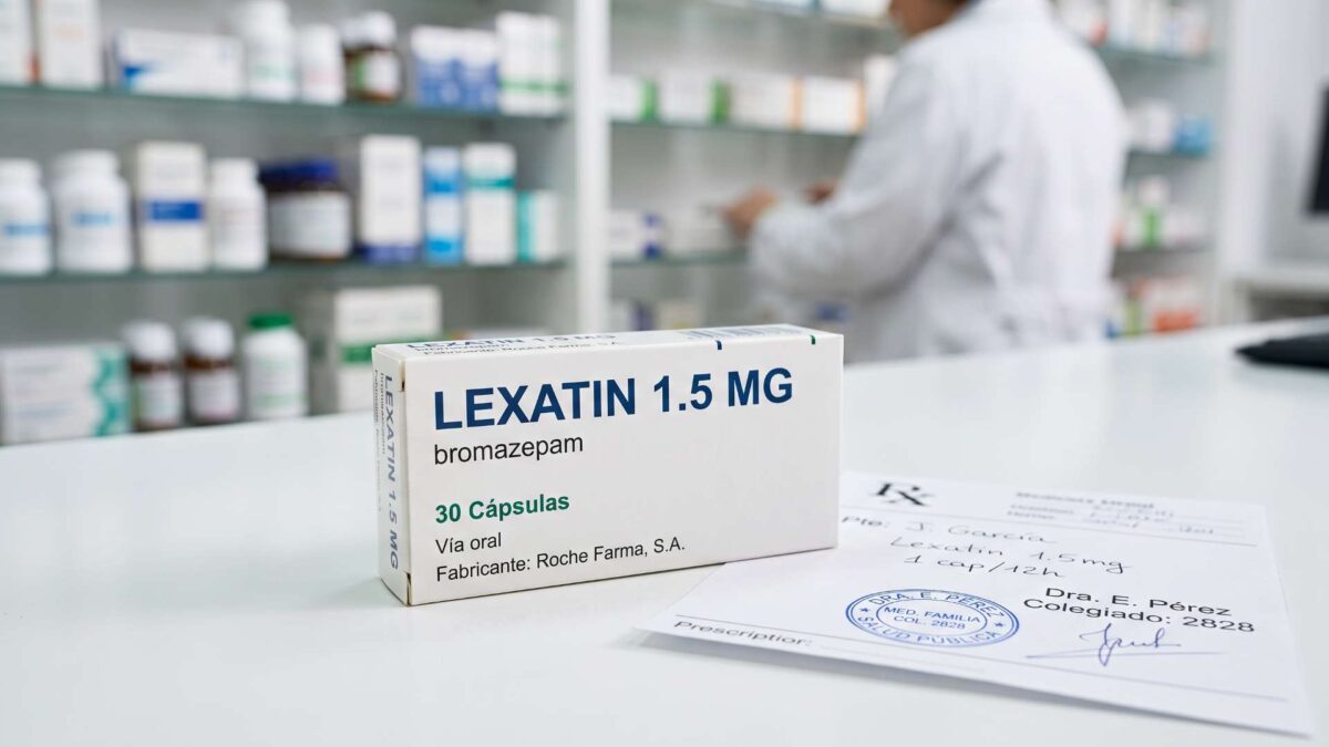 Caja de Lexatin 1.5 mg junto a una receta médica sobre el mostrador de una farmacia.