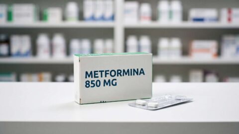 Caja de metformina 850 mg junto a un blíster con pastillas sobre el mostrador de una farmacia