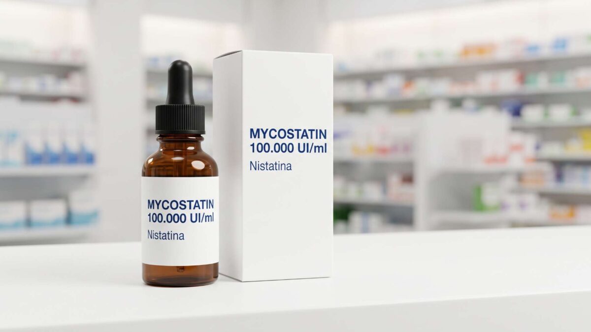 Frasco y caja de Mycostatin 100.000 UI/ml nistatina sobre el mostrador de una farmacia