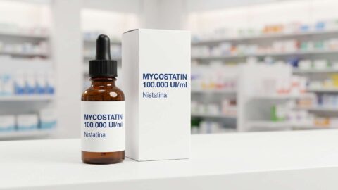 Frasco y caja de Mycostatin 100.000 UI/ml nistatina sobre el mostrador de una farmacia
