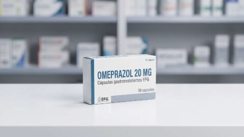 Caja de omeprazol 20 mg sobre el mostrador de una farmacia para consultar su venta sin receta médica.