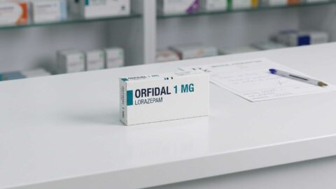 Caja de Orfidal 1 mg de lorazepam en mostrador de farmacia junto a una receta médica y bolígrafo