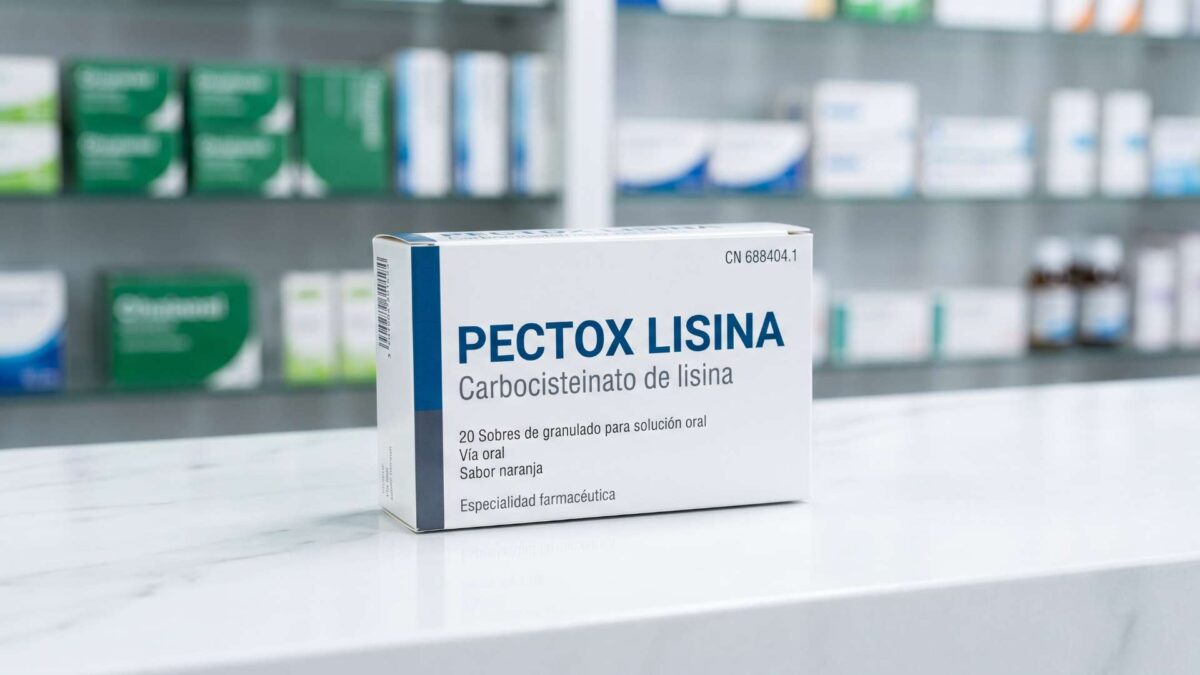 ¿Se puede comprar Pectox Lisina sin receta? 3 Caja de Pectox Lisina 20 sobres sobre el mostrador de una farmacia con estanterias de medicamentos al fondo.