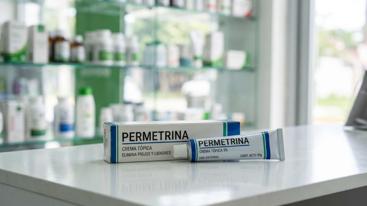 ¿Se puede comprar permetrina sin receta? 3 Caja y tubo de permetrina en crema tópica sobre el mostrador blanco de una farmacia.