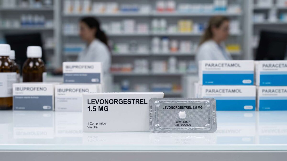Caja y comprimido de levonorgestrel 1.5 mg, la píldora del día después, en el mostrador de una farmacia