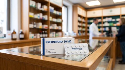 Caja de Prednisona 30 mg y blíster sobre el mostrador de una farmacia con indicación de receta médica