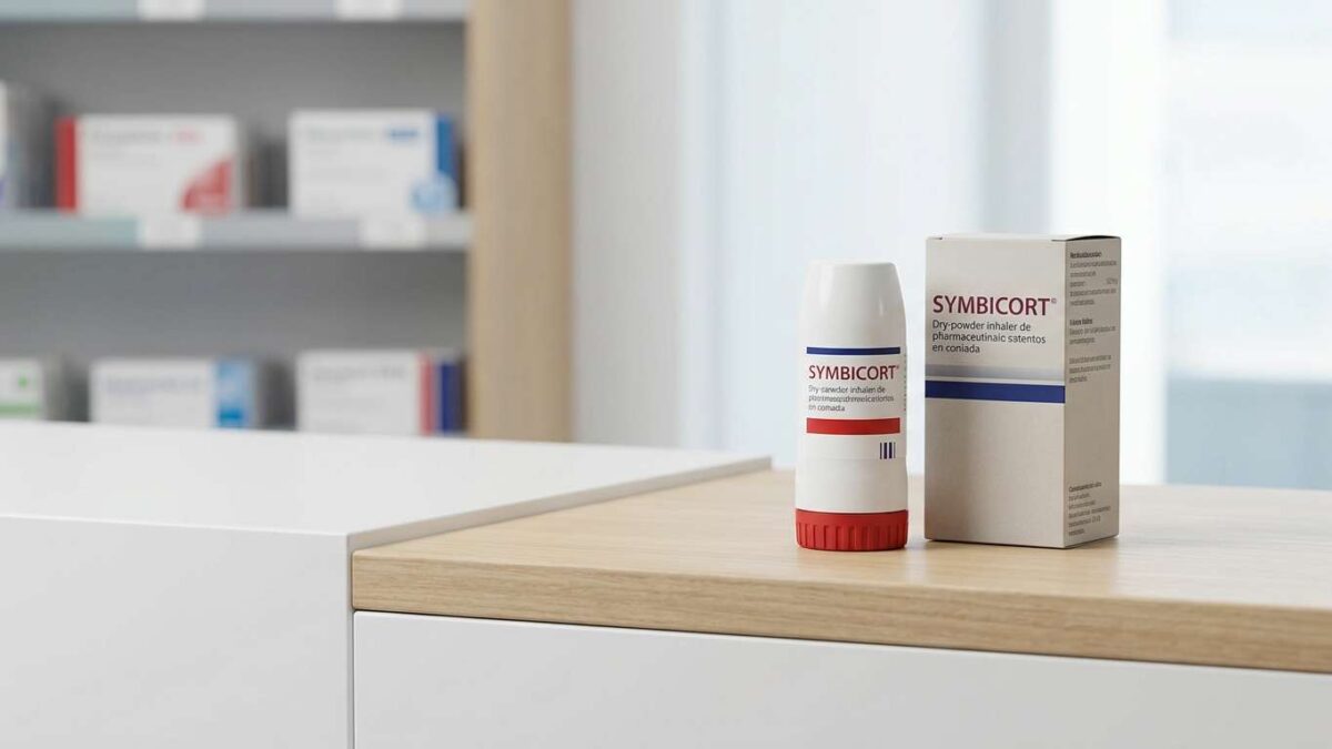 Envase e inhalador Symbicort sobre el mostrador de madera de una farmacia con estanterias de fondo.