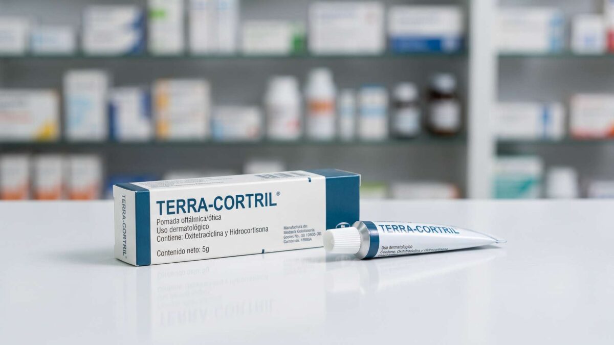 ¿Se puede comprar Terra-Cortril sin receta? 3 Caja y tubo de pomada Terra-Cortril con oxitetraciclina e hidrocortisona en mostrador de farmacia