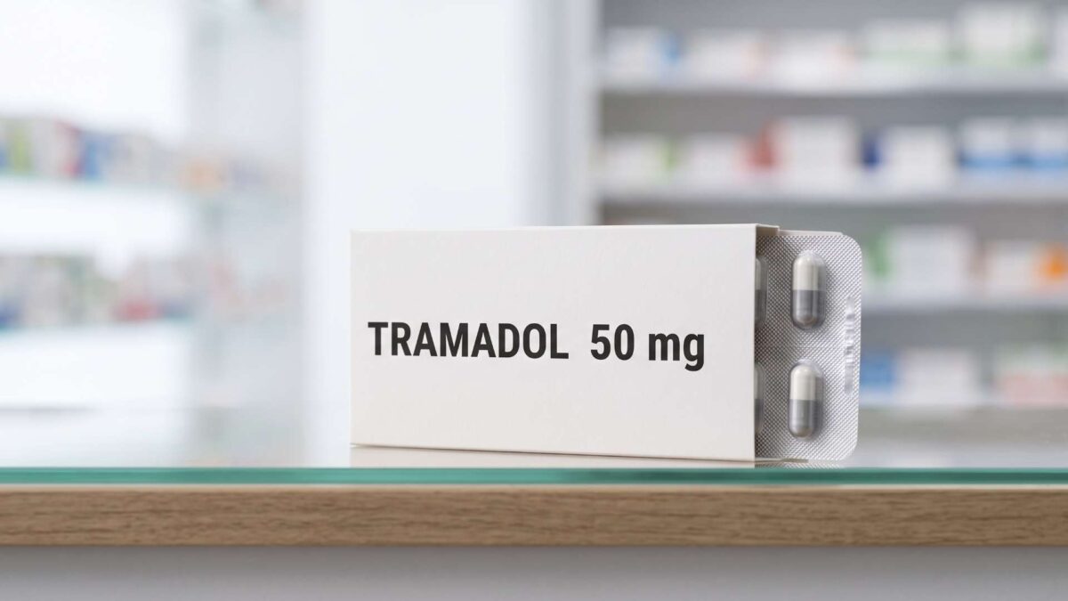 ¿Se puede comprar tramadol sin receta? 3 Caja blanca de Tramadol 50 mg con blíster visible sobre el mostrador de cristal en farmacia.