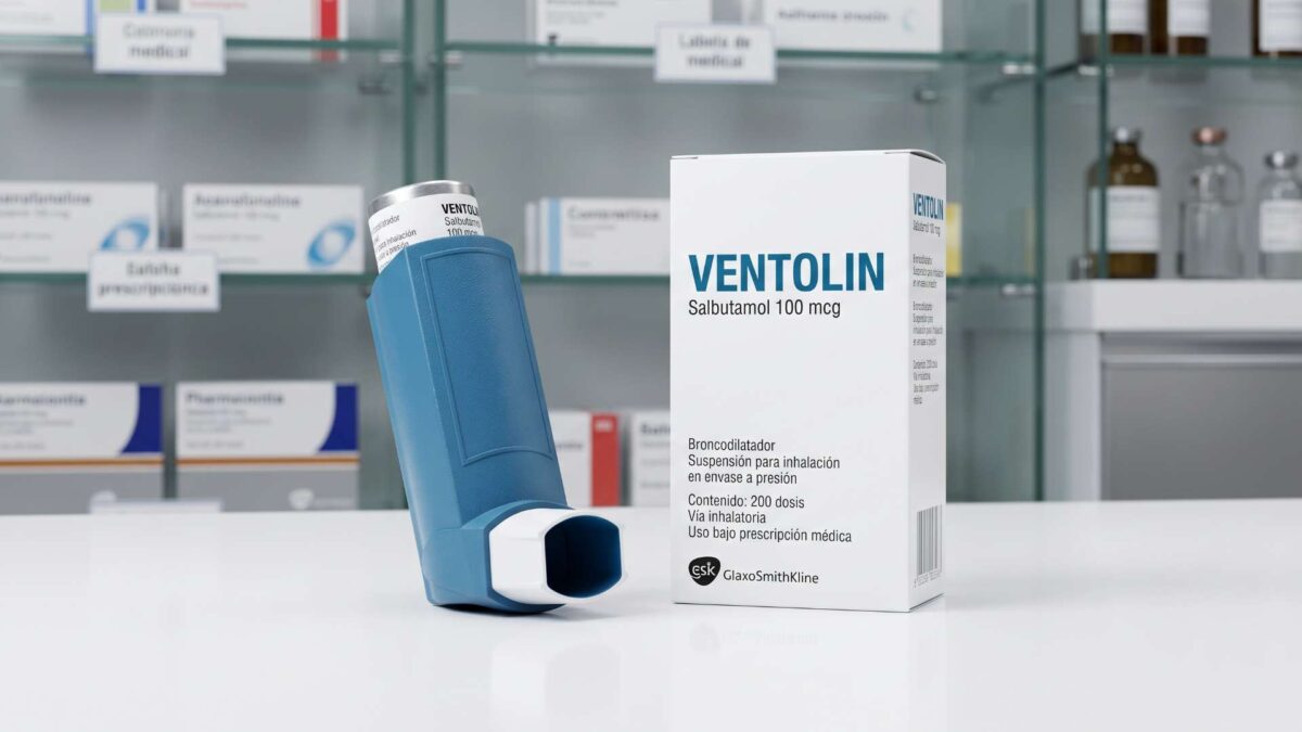 ¿Se puede comprar Ventolin sin receta en España? 3 Inhalador azul y caja de Ventolin salbutamol 100 mcg sobre el mostrador de una farmacia en España.